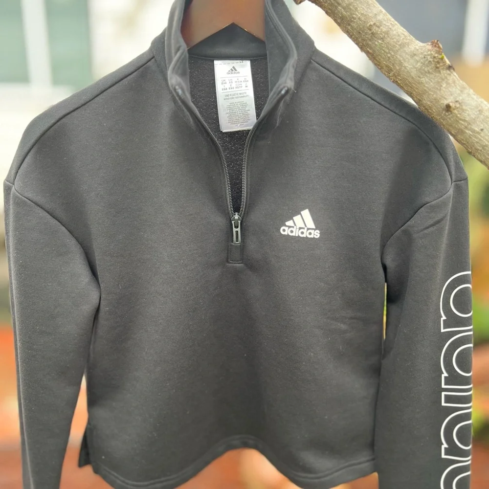 Adidas Women's Linear Fleece 1/4 Zip Pullover Crop Sweatshirt Black Size XS - Picture 5 of 5